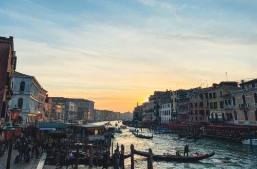 Venice Italy Canal with Gondola at Sunset