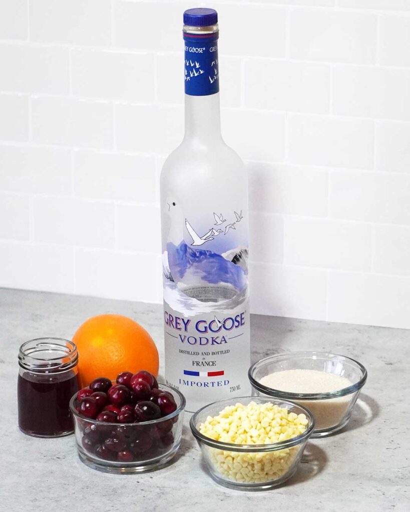 Cranberry Bliss Bar Cocktail Ingredients (Vodka, Sugar, White Chocolate, Cranberries, Cranberry Juice, Orange)