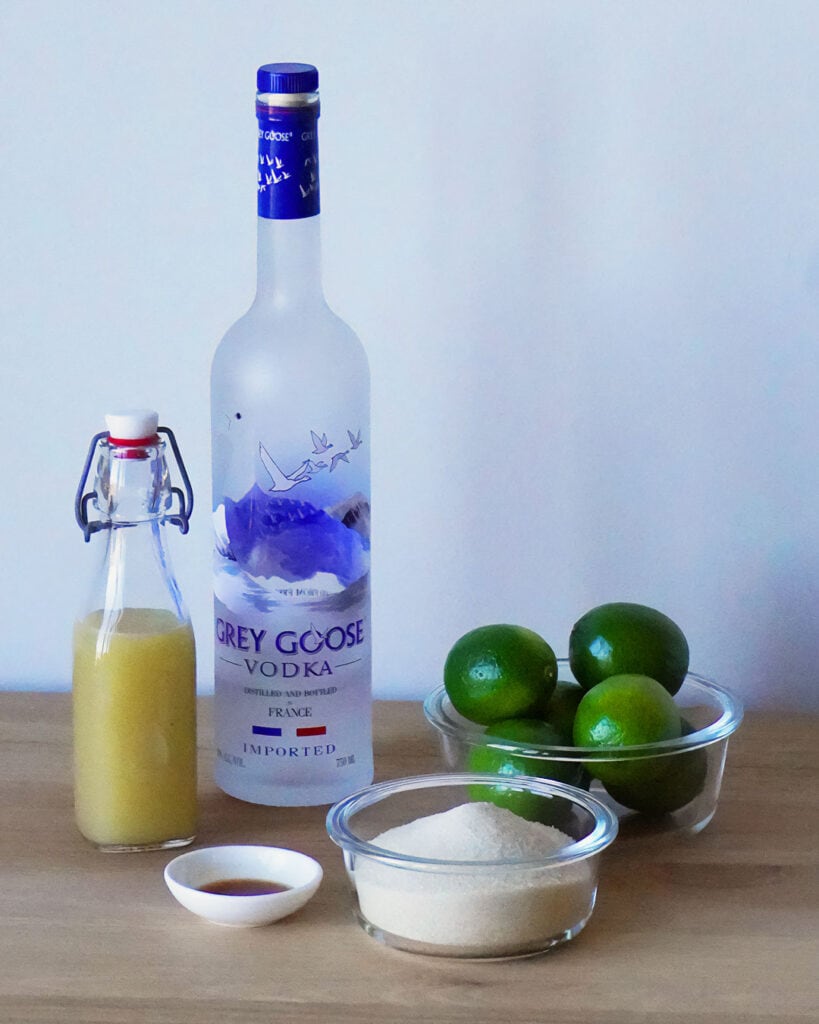 Key Lime Martini Ingredients - Vodka, Key Lime Juice, Sugar, Limes and Vanilla